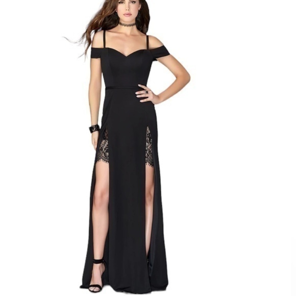 LA FEMME Black Off the shoulder Lace Detail Gown